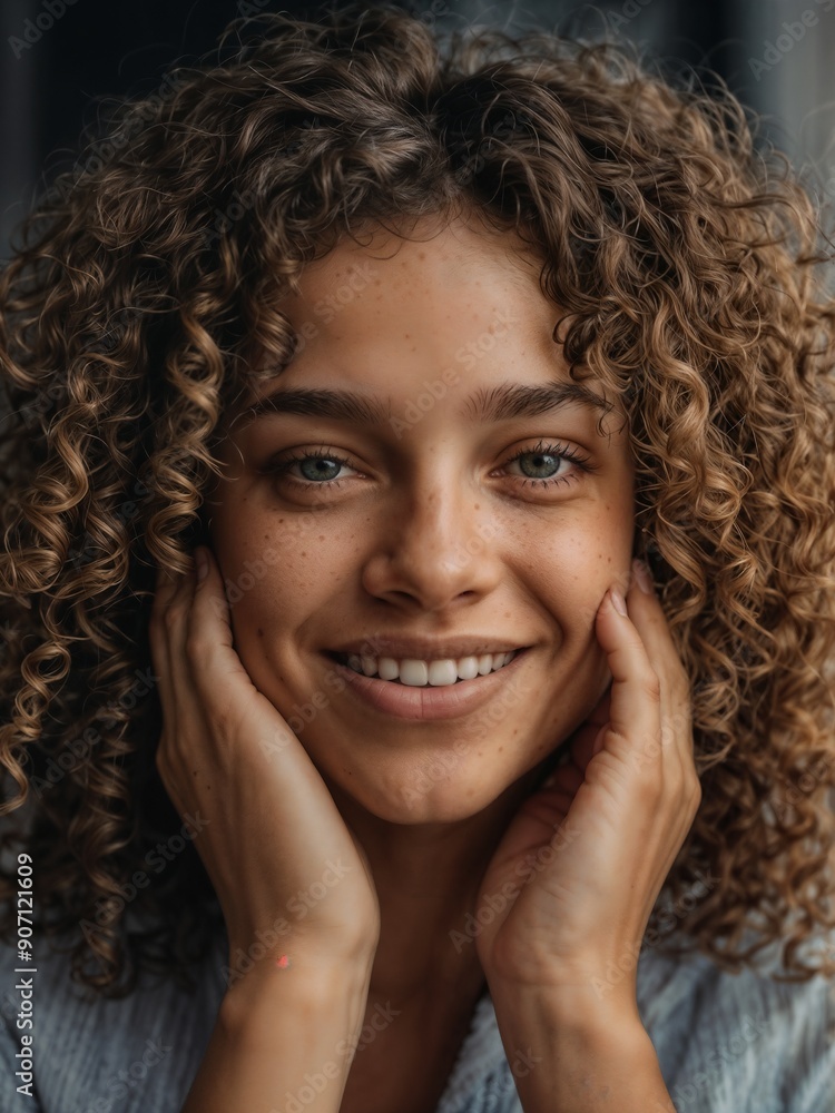 Primer plano de hermosa mujer morena con cabello rizado sonriendo. Primer plano de hermosa mujer morena con cabello rizado sonriendo.