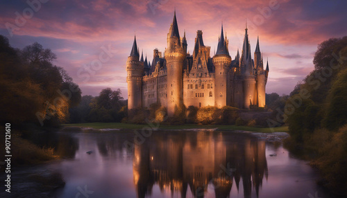 Wallpaper Mural An opulent palace with towering spires and graceful arches, glowing softly in the evening light, surrounded by a tranquil water feature that mirrors its intricate details and grandeur.
 Torontodigital.ca