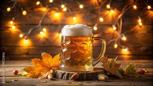 Golden beer stein overflowing with frothy brew, adorned with autumn leaves andtwinkling lights, sits atop a rustic wooden table amidst a festive fall atmosphere. photo