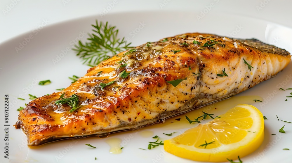 Grilled salmon fillet garnished with fresh dill and lemon slice, served on a white plate with a drizzle of herb-infused sauce Grilled salmon fillet garnished with fresh dill and lemon slice, served on a white plate with a drizzle of herb-infused sauce