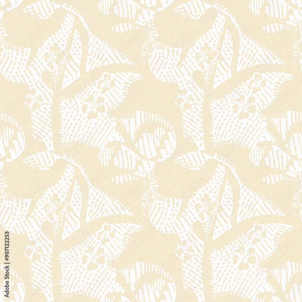 Fototapeta premium Modern white on cream lace effect wedding background texture. Soft tonal linen openwork block print with subtle hand drawn lattice damask printed fabric backdrop. 