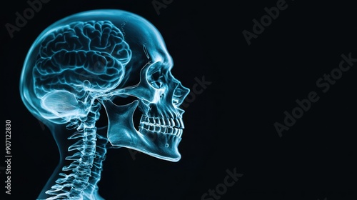 Blue Transparent Skull and Brain X-Ray