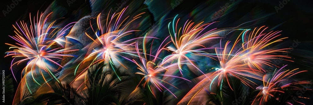 Long exposure shot of New Year s Eve fireworks against a black sky silhouetting jungle palm trees Long exposure shot of New Year s Eve fireworks against a black sky silhouetting jungle palm trees