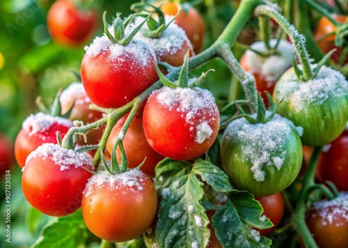 Close-up of a tomato plant infested with powdery mildew, white fungal growth spreading on leaves and stems, amidst lush green surroundings, highlighting disease effects. photo