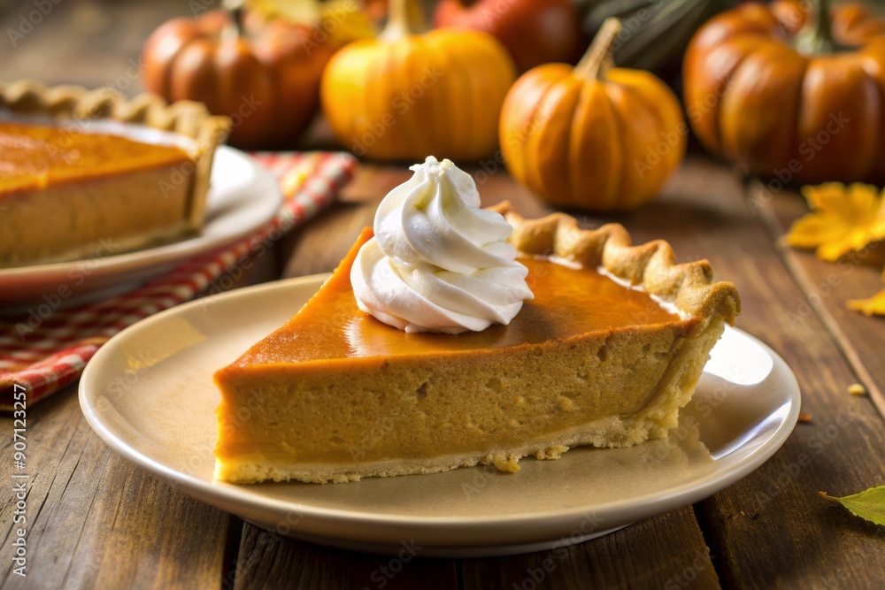 Autumnal delight: a warm slice of traditional pumpkin pie with golden crust, topped with a dollop of creamy whipped cream, perfect for Thanksgiving dinner. Autumnal delight: a warm slice of traditional pumpkin pie with golden crust, topped with a dollop of creamy whipped cream, perfect for Thanksgiving dinner.
