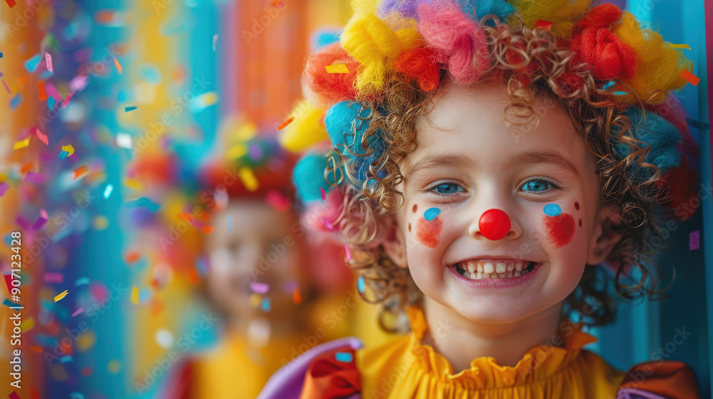 Fototapeta premium Portrait kids dressed clowns curly wigs red noses playing throwing confetti brightly colored