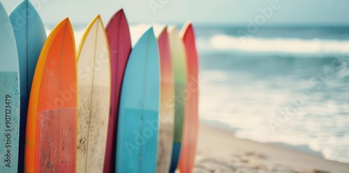 Colorful Surfboards Lined Up on a Beach Shore by the Waves in Bright Sunlight photo