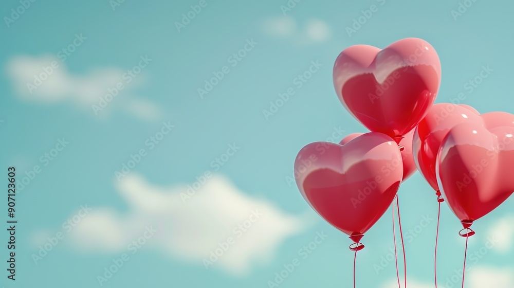 Heart-shaped balloons floating in a dreamy sky, Valentine's Day, romantic background Heart-shaped balloons floating in a dreamy sky, Valentine's Day, romantic background