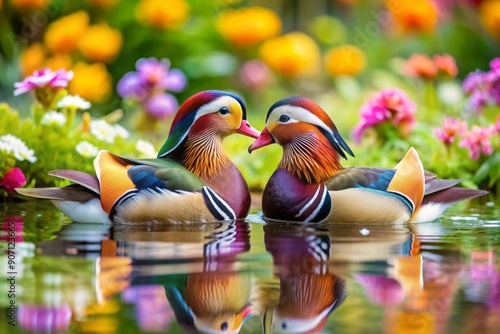 Vibrant male and female mandarin ducks swim together in serene water, surrounded by lush greenery and colorful flowers, exhibiting their exotic plumage and tender bonding. photo