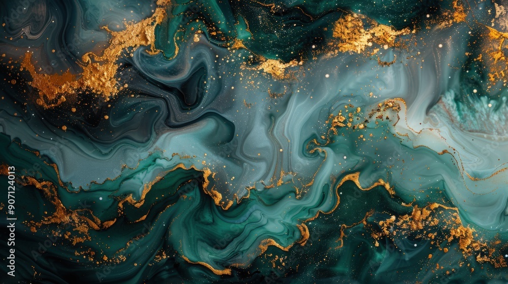 An elegant abstract background with a green and gold marble texture. The image features fluid ink paint effects and a luxurious stone pattern, combining dark emerald tones with golden highlights An elegant abstract background with a green and gold marble texture. The image features fluid ink paint effects and a luxurious stone pattern, combining dark emerald tones with golden highlights