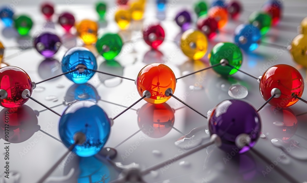 Obraz premium Communication and connection are symbolized by colored spheres connected by wires.