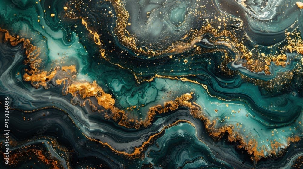 A high-resolution background with a green and gold marble texture. The design includes fluid ink and paint effects, with dark emerald tones and luxurious golden highlights for an artistic touch A high-resolution background with a green and gold marble texture. The design includes fluid ink and paint effects, with dark emerald tones and luxurious golden highlights for an artistic touch