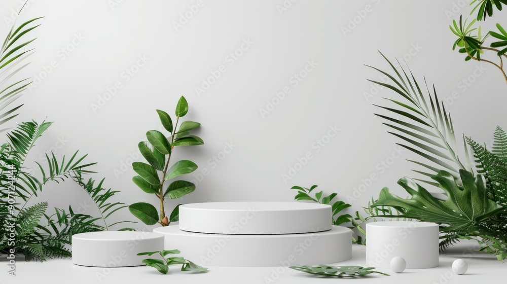 White Round podium with nature leaves on white background. White Round podium with nature leaves on white background.
