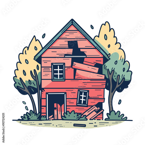 Red cartoon house damages cracks, surrounded green trees. Illustration damaged house after storm, debris around it. Colorful artwork depicting rundown red wooden needing repair