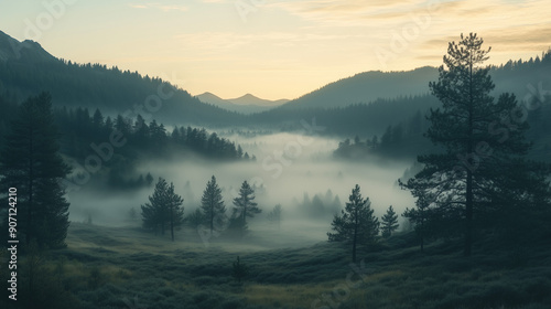 Early morning fog settling over a mountain valley with pine trees.