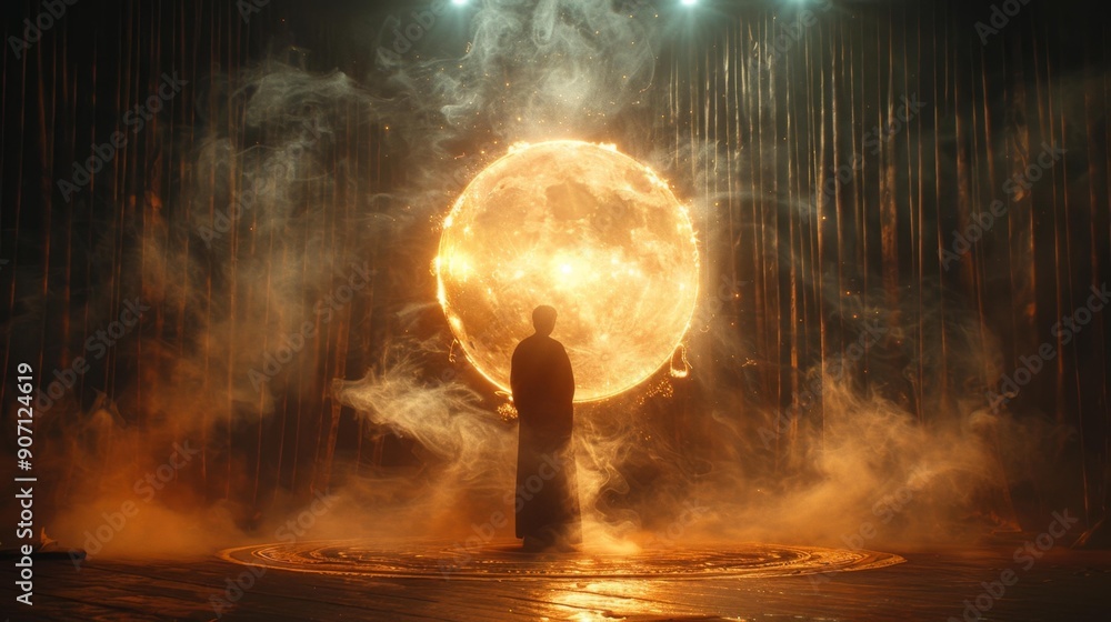 Obraz premium Mystical figure with glowing orb - generative ai