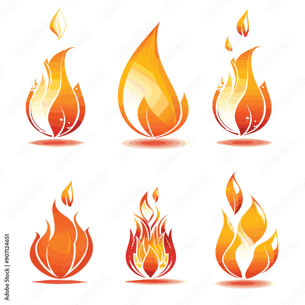 Six different stylized fire flame icons set against isolated white background, graphic design elements shades orange red. Vector illustrations flames suitable logos, symbols, elemental design Six different stylized fire flame icons set against isolated white background, graphic design elements shades orange red. Vector illustrations flames suitable logos, symbols, elemental design