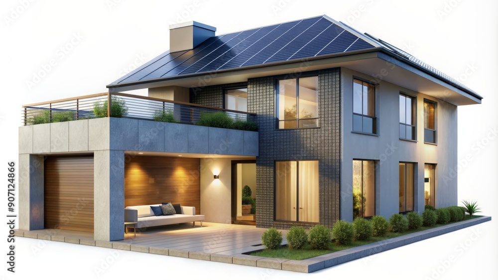 Rooftop solar panel installation on a modern house with clean lines and minimalist design, isolated on a transparent background with a subtle gradient effect. Rooftop solar panel installation on a modern house with clean lines and minimalist design, isolated on a transparent background with a subtle gradient effect.
