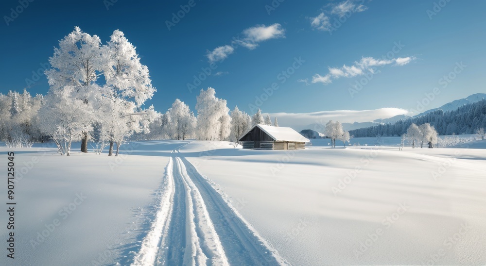 Snow-Covered Landscape With Cozy Cabin and Trail on a Sunny Winter Day Snow-Covered Landscape With Cozy Cabin and Trail on a Sunny Winter Day