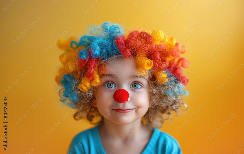 Portrait child funny clown disguise curly wig red nose, making funny face against colored background Portrait child funny clown disguise curly wig red nose, making funny face against colored background
