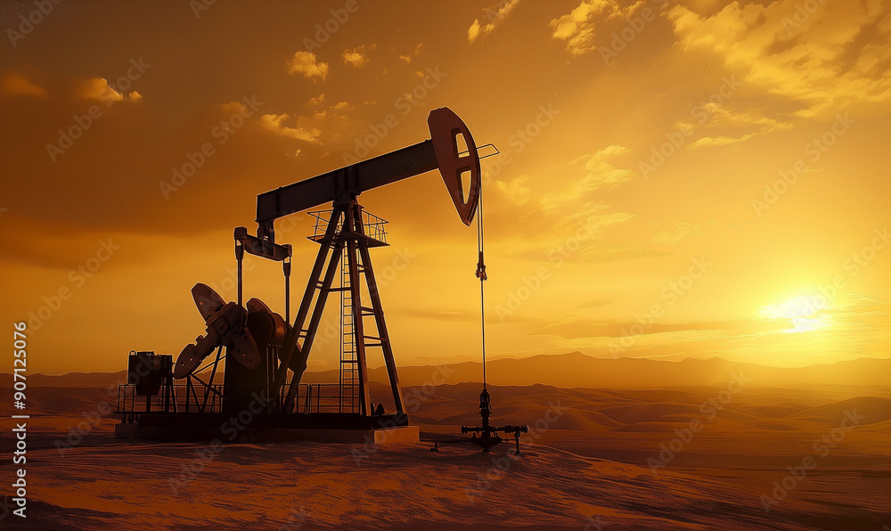 Oil pumpjack in desert landscape at sunset, energy extraction, industrial machinery, oil industry, scenic sunset, remote location Oil pumpjack in desert landscape at sunset, energy extraction, industrial machinery, oil industry, scenic sunset, remote location