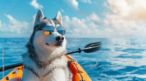 Stylish Husky puppy enjoy its kayak trip in resort lake area, funny dog wearing reflective sunglasses on lake view landscape background, summer trip, travel in natural resort, national park