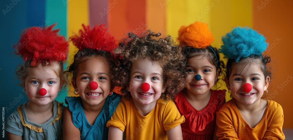 Portrait multiracial children clown costumes curly wigs red noses. Festive mood, cheerful emotions Portrait multiracial children clown costumes curly wigs red noses. Festive mood, cheerful emotions