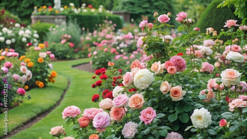Fototapeta Naklejka Na Ścianę i Meble -  Beautiful garden of blooming roses with space for text , roses, flowers, garden, nature, pink, petals, beauty, blooming
