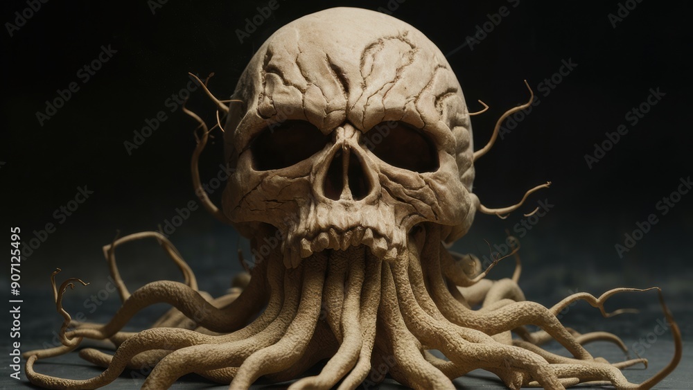 Fototapeta premium A skull with tentacles growing out of it's head, AI