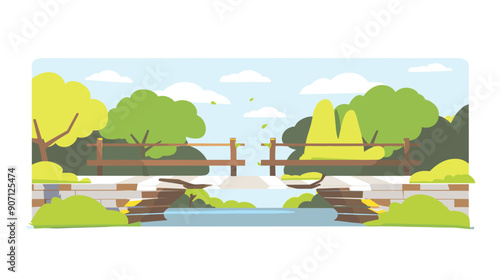 Sunny park scene wooden bridge over stream, trees shrubs under blue sky. Cartoon style park landscape, peaceful nature background, bridge crossing water. Vector illustration outdoor park, tranquil