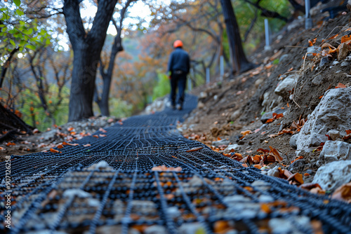 Geogrids on road bases, road construction and reinforcement are covered with fine gravel photo