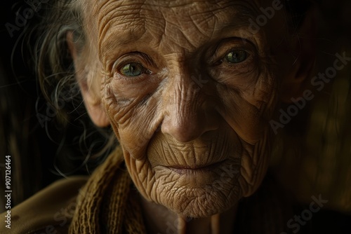 Elderly woman's face with wrinkles, telling stories of life, in natural light photo