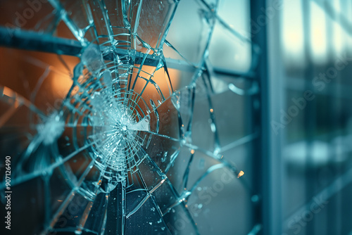 Close-up of a glass window cracked by a heavy impact photo