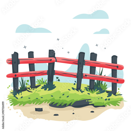 Cartoon wooden fence painted red standing green grass next sandy path. Fence has uneven planks taller others shorter cartoonish style. Background suggests outdoor rural farmland setting blue sky few