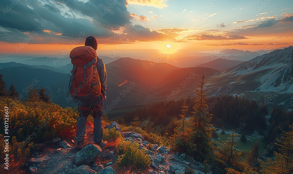 A mountain hiker with a backpack explores the mountains at sunset. A mountain hiker with a backpack explores the mountains at sunset.