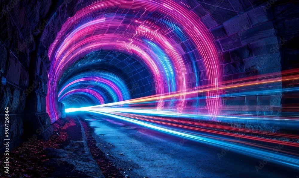 Under the Cornelius bridge in Munich, there is a colorfully lit underführung Under the Cornelius bridge in Munich, there is a colorfully lit underführung