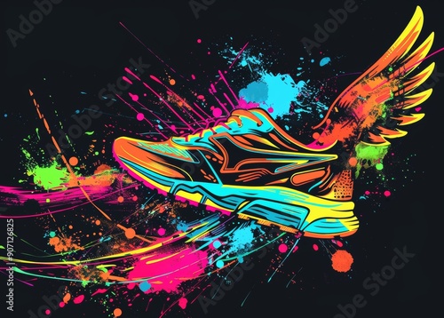 A cute sneaker graffiti with wings on a black background