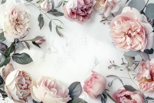 Vintage watercolor style elegant floral frame with roses and peonies on white background