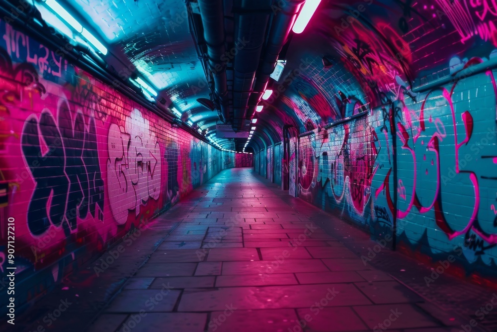 A graffiti tunnel in London is lit up in purple light and has colorful murals A graffiti tunnel in London is lit up in purple light and has colorful murals