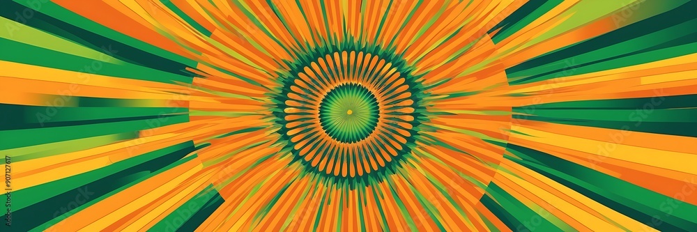 Green, yellow, and orange radiating stripes, abstract design perfect for backgrounds, banners, posters, and digital art projects. Bright and vibrant colors.