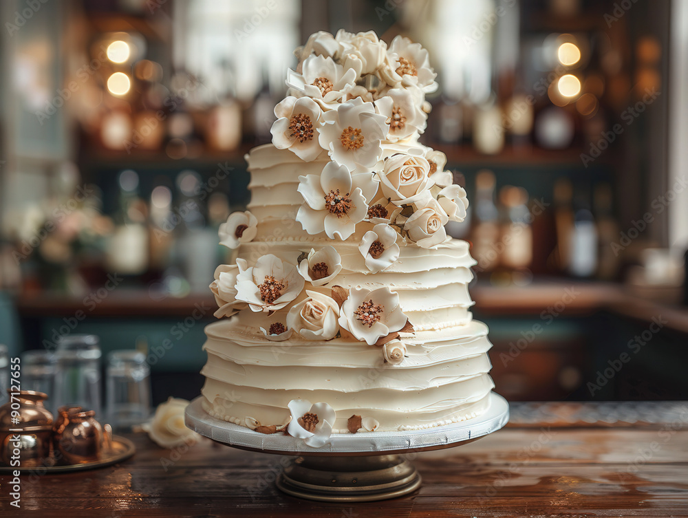 White floral wedding cake on restaurant bar, dim lighting bottles in background. Romantic design. White floral wedding cake on restaurant bar, dim lighting bottles in background. Romantic design.