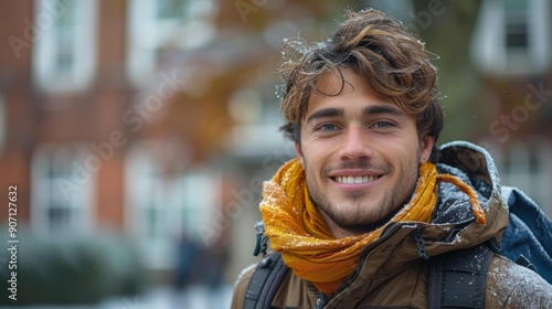 Smiling man in winter clothing outdoors - generative ai