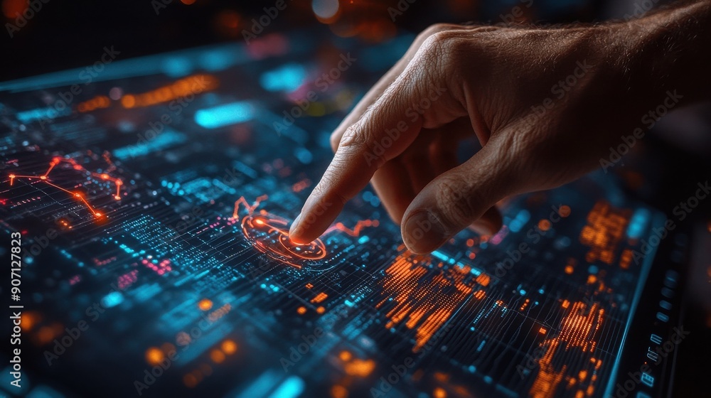 A close-up view of a person's hand pointing at an illuminated digital interface displaying complex data visualizations and charts.
A close-up view of a person's hand pointing at an illuminated digital interface displaying complex data visualizations and charts.