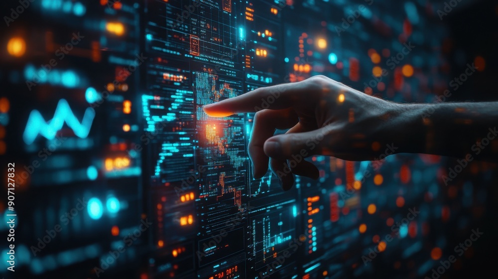 A close-up view of a person's hand pointing at a glowing digital interface filled with intricate data charts and graphs.
A close-up view of a person's hand pointing at a glowing digital interface filled with intricate data charts and graphs.