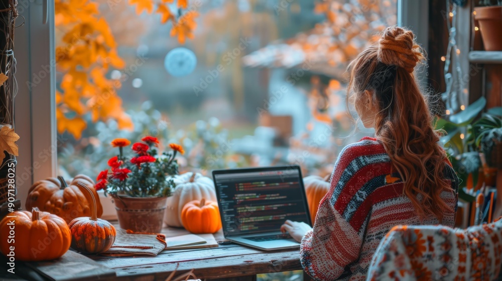Woman working on a laptop with autumn decor - generative ai Woman working on a laptop with autumn decor - generative ai