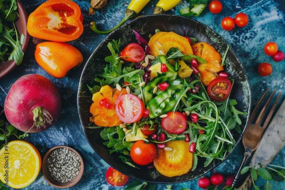 Fresh and healthy colorful salad bowl with a mix of vibrant vegetables and seeds, perfect for a nutritious meal Fresh and healthy colorful salad bowl with a mix of vibrant vegetables and seeds, perfect for a nutritious meal