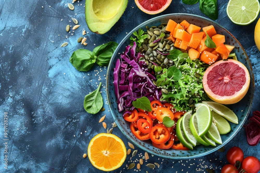Fresh and colorful mixed salad with fruits, vegetables, and seeds, top view Fresh and colorful mixed salad with fruits, vegetables, and seeds, top view