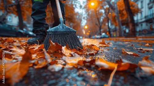 Sweeping fallen leaves on wet street - generative ai photo