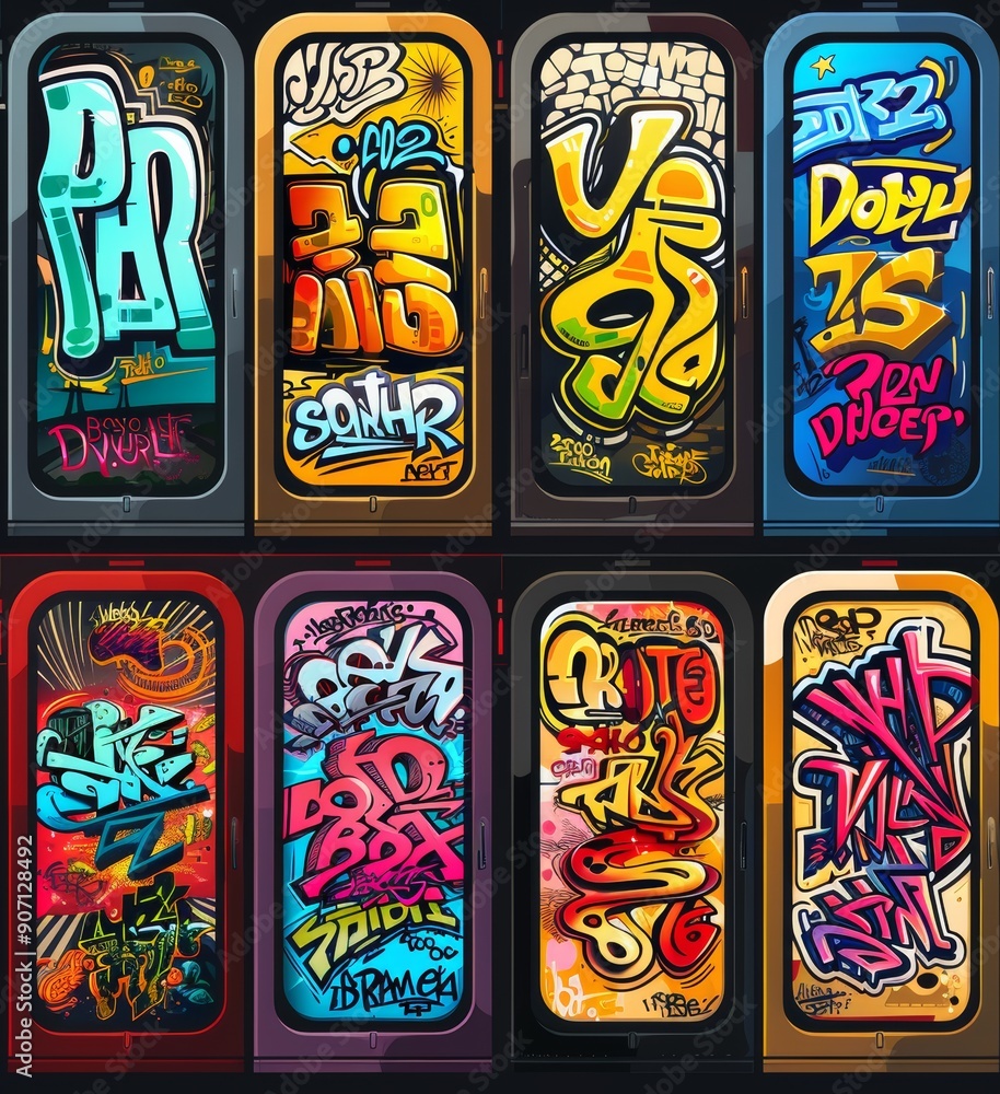 There are four subway trains with graffiti on them There are four subway trains with graffiti on them