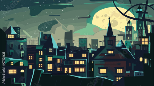Moonlit night cityscape, stars twinkle, full moon over urban skyline. Dark buildings, glowing windows, mysterious atmospheric town. Fantasy city, eerie night, magical urban landscape under moonlight